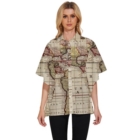 Vintage World Map Old  Globe Antique America Women s Batwing Button Up Shirt by uniart180623