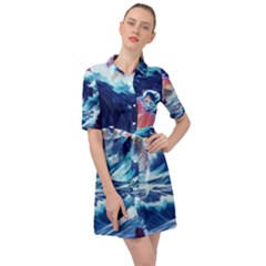 Storm Tsunami Waves Ocean Sea Nautical Nature Belted Shirt Dress by uniart180623