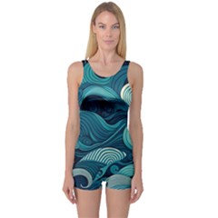Waves Ocean Sea Abstract Whimsical Abstract Art One Piece Boyleg Swimsuit by uniart180623