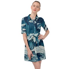 Waves Ocean Sea Pattern Water Tsunami Rough Seas Belted Shirt Dress by uniart180623