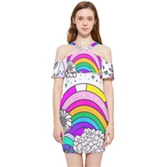 Rainbow Fun Cute Minimal Doodle Drawing Art Shoulder Frill Bodycon Summer Dress by uniart180623
