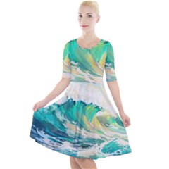 Waves Ocean Sea Tsunami Nautical Art Quarter Sleeve A-line Dress by uniart180623