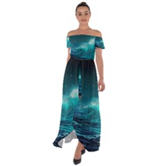 Tsunami Waves Ocean Sea Nautical Nature Water Off Shoulder Open Front Chiffon Dress by uniart180623