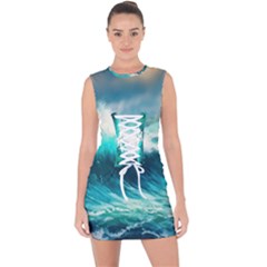 Waves Ocean Sea Tsunami Nautical Painting Lace Up Front Bodycon Dress by uniart180623
