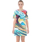 Waves Ocean Sea Tsunami Nautical Arts Sixties Short Sleeve Mini Dress