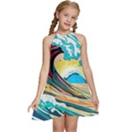 Waves Ocean Sea Tsunami Nautical Arts Kids  Halter Collar Waist Tie Chiffon Dress