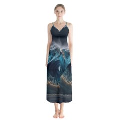 Tsunami Waves Ocean Sea Water Rough Seas Button Up Chiffon Maxi Dress by uniart180623