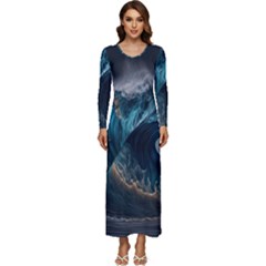 Tsunami Waves Ocean Sea Water Rough Seas Long Sleeve Longline Maxi Dress by uniart180623