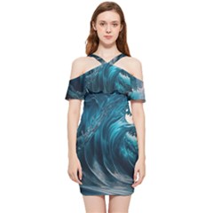 Tsunami Waves Ocean Sea Water Rough Seas Shoulder Frill Bodycon Summer Dress by uniart180623