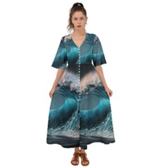Tsunami Waves Ocean Sea Water Rough Seas Kimono Sleeve Boho Dress by uniart180623