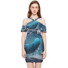 Tsunami Waves Ocean Sea Water Rough Seas Shoulder Frill Bodycon Summer Dress by uniart180623