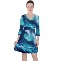 Tsunami Tidal Wave Ocean Waves Sea Nature Water Quarter Sleeve Ruffle Waist Dress by uniart180623