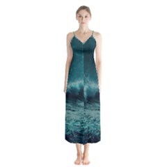 Waves Ocean Sea Tsunami Nautical Blue Sea Art Button Up Chiffon Maxi Dress by uniart180623