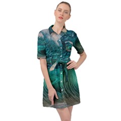 Tsunami Waves Ocean Sea Water Rough Seas Belted Shirt Dress by uniart180623