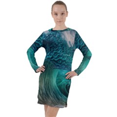Tsunami Waves Ocean Sea Water Rough Seas Long Sleeve Hoodie Dress by uniart180623