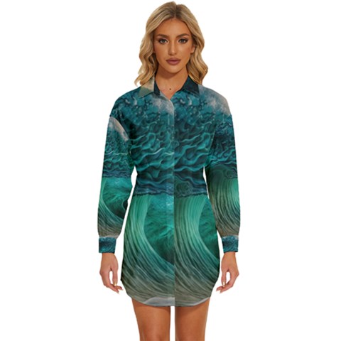Tsunami Waves Ocean Sea Water Rough Seas Womens Long Sleeve Shirt Dress by uniart180623