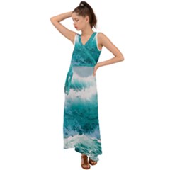 Waves Ocean Sea Tsunami Nautical Blue Sea V-neck Chiffon Maxi Dress by uniart180623