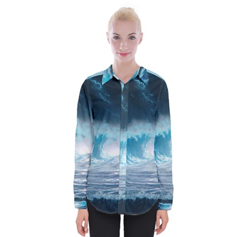 Thunderstorm Storm Tsunami Waves Ocean Sea Womens Long Sleeve Shirt by uniart180623