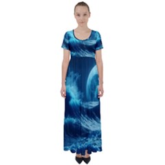 Moonlight High Tide Storm Tsunami Waves Ocean Sea High Waist Short Sleeve Maxi Dress by uniart180623