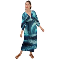 Moonlight High Tide Storm Tsunami Waves Ocean Sea Grecian Style  Maxi Dress by uniart180623