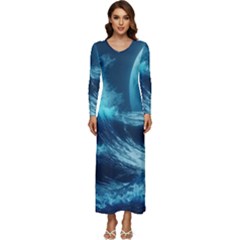 Moonlight High Tide Storm Tsunami Waves Ocean Sea Long Sleeve Longline Maxi Dress by uniart180623