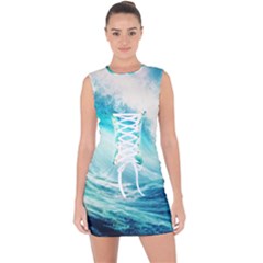 Tsunami Waves Ocean Sea Nautical Nature Water Nature Lace Up Front Bodycon Dress by uniart180623