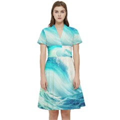 Tsunami Waves Ocean Sea Nautical Nature Water Nature Short Sleeve Waist Detail Dress by uniart180623