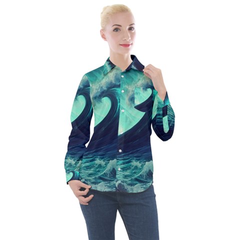 Ai Generated Waves Ocean Sea Tsunami Nautical Fantasy Women s Long Sleeve Pocket Shirt by uniart180623
