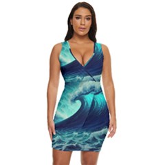 Ai Generated Waves Ocean Sea Tsunami Nautical Fantasy Draped Bodycon Dress by uniart180623