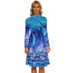 Tsunami Tidal Wave Ocean Waves Sea Nature Water Blue Long Sleeve Shirt Collar A-line Dress by uniart180623