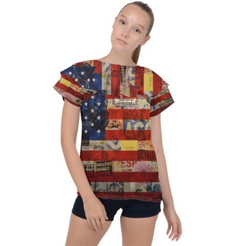 Usa Flag United States Ruffle Collar Chiffon Blouse by uniart180623