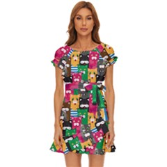 Cat Funny Colorful Pattern Puff Sleeve Frill Dress by uniart180623