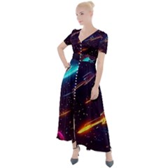 Night Sky Neon Spaceship Drawing Button Up Short Sleeve Maxi Dress by Ravend