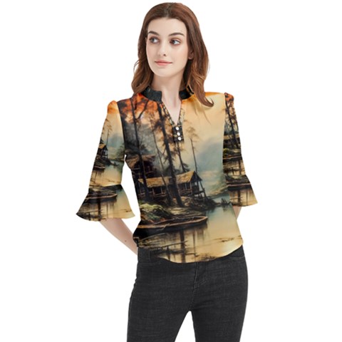 Fantasy Landscape Foggy Mysterious Loose Horn Sleeve Chiffon Blouse by Ravend
