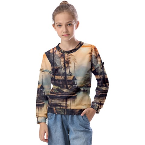 Fantasy Landscape Foggy Mysterious Kids  Long Sleeve Tee With Frill  by Ravend