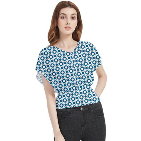 Mazipoodles Dusty Duck Egg Blue White Donuts Polka Dot Butterfly Chiffon Blouse by Mazipoodles