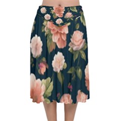 Wallpaper-with-floral-pattern-green-leaf Velvet Flared Midi Skirt by designsbymallika