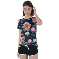 Wallpaper-with-floral-pattern-green-leaf Short Sleeve Open Back Tee by designsbymallika