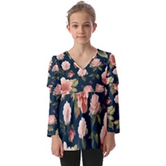 Wallpaper-with-floral-pattern-green-leaf Kids  V Neck Casual Top by designsbymallika