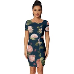 Wallpaper-with-floral-pattern-green-leaf Fitted Knot Split End Bodycon Dress by designsbymallika