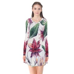 Floral Pattern Long Sleeve V-neck Flare Dress by designsbymallika