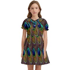 Peacock-feathers-bird-plumage Kids  Bow Tie Puff Sleeve Dress by Ravend