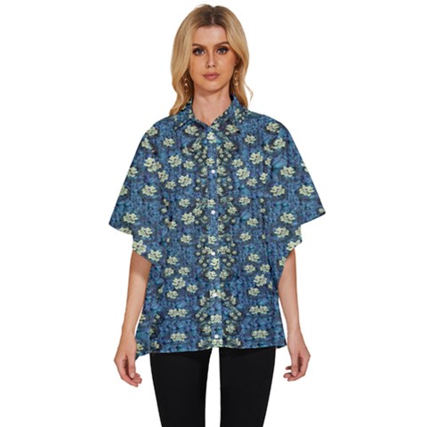 Lotus Bloom In The Calm Sea Of Beautiful Waterlilies Women s Batwing Button Up Shirt by pepitasart