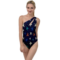 Blue Background Cute Airplanes To One Side Swimsuit by ConteMonfrey