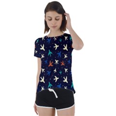Blue Background Cute Airplanes Short Sleeve Open Back Tee by ConteMonfrey