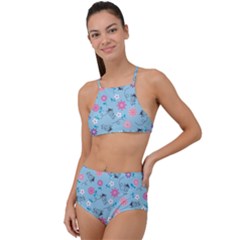 Pink And Blue Floral Wallpaper Halter Tankini Set by uniart180623
