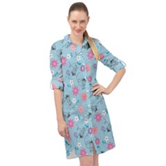 Pink And Blue Floral Wallpaper Long Sleeve Mini Shirt Dress by uniart180623