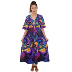 Colorful Waves Abstract Waves Curves Art Abstract Material Material Design Kimono Sleeve Boho Dress by uniart180623