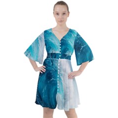Tsunami Big Blue Wave Ocean Waves Water Boho Button Up Dress by uniart180623