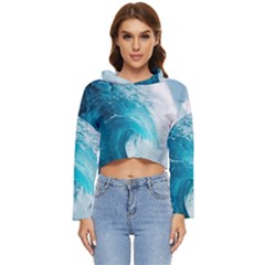 Tsunami Big Blue Wave Ocean Waves Water Women s Lightweight Cropped Hoodie by uniart180623